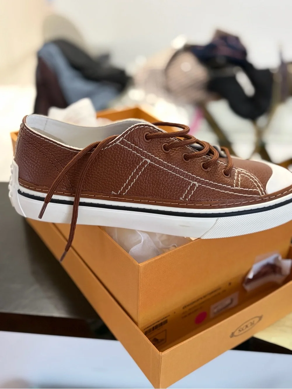 Tod's Brown Leather Low-Top Sneaker with White Trim